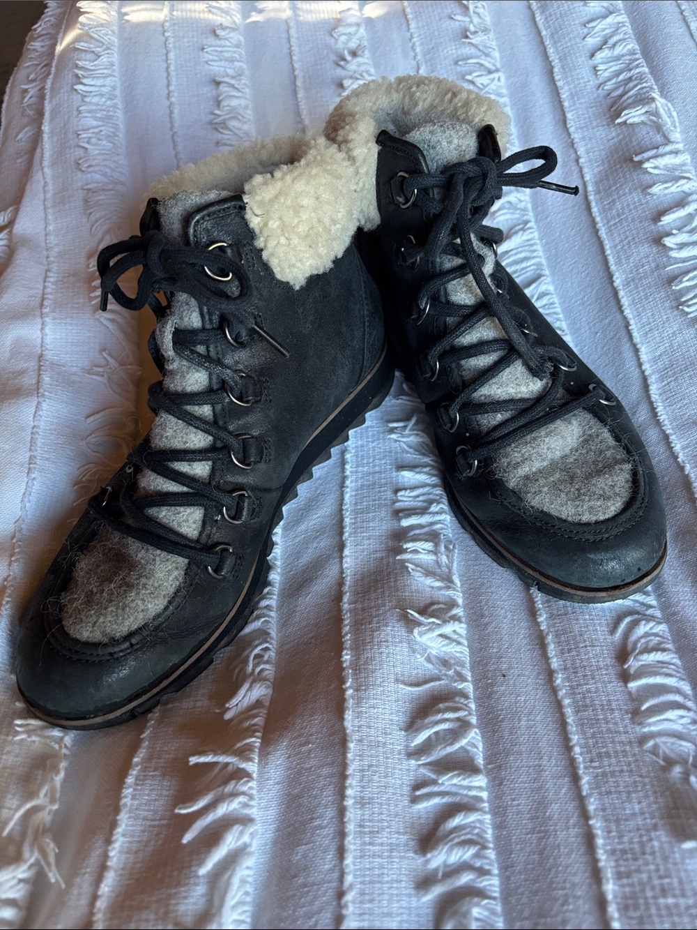 Sorel Black Suede Shearling-Trim Lace-Up Winter Boots